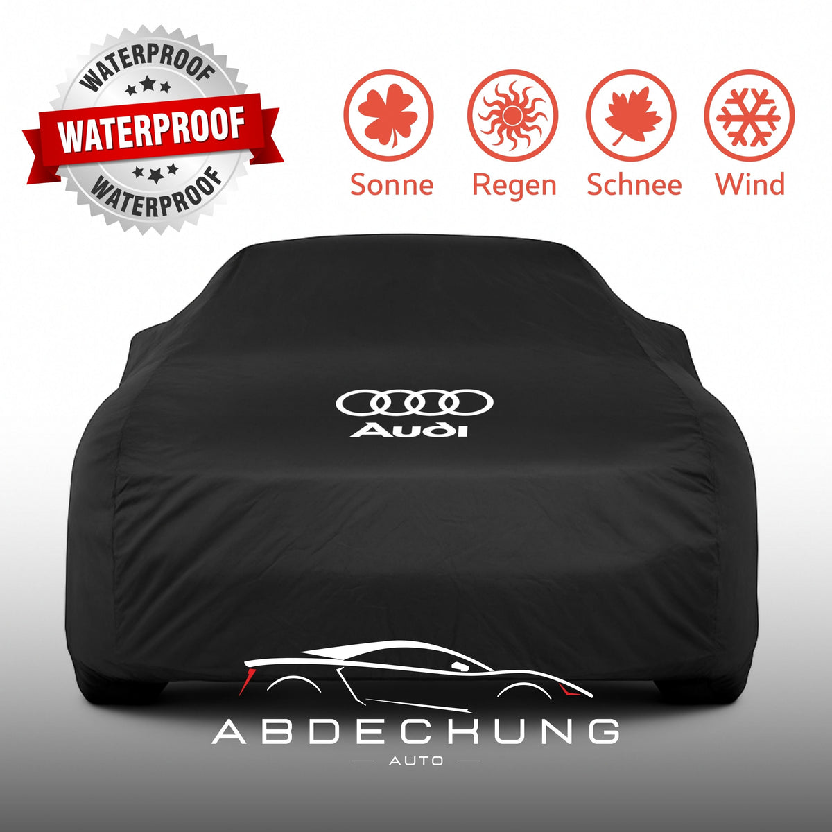 Audi mit wasserdichter, maßgeschneiderter Outdoor-Autoabdeckung auf einer Einfahrt in Deutschland